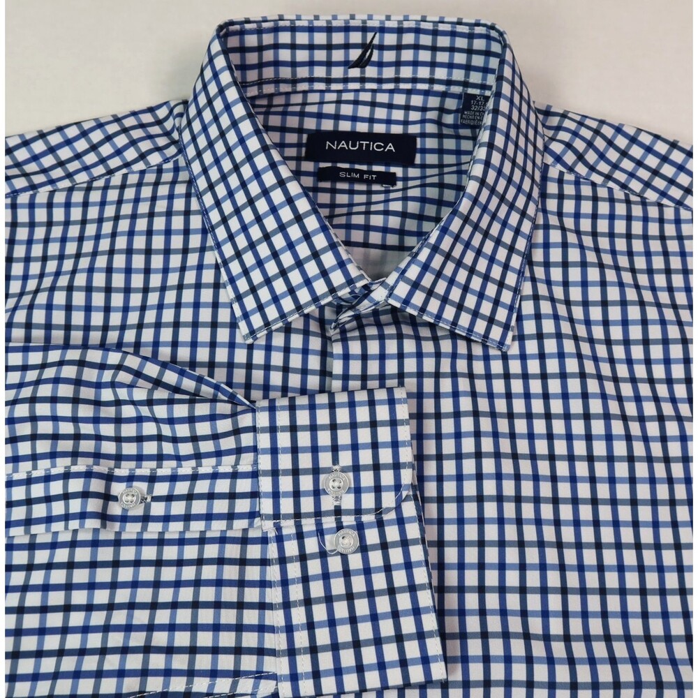 NEW Nautica Slim Fit Dress Shirt Men's Size XL Navy Plaid Wrinkle Resistant NWOT